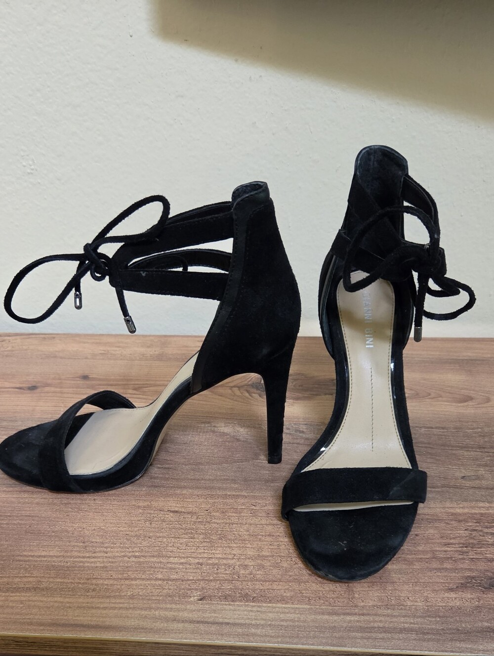 Gianni Bini Black Suede Lace-Up Open Toe Stiletto Heels